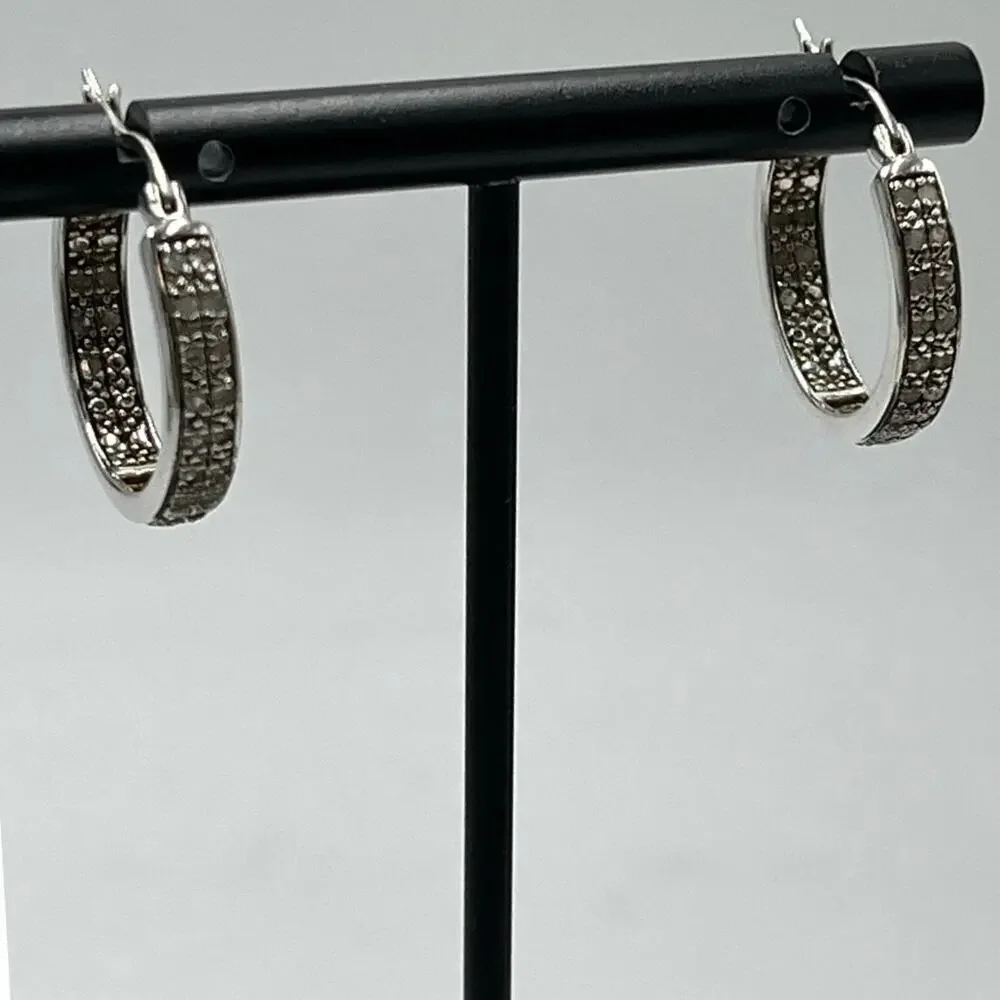 DBJ Dee Berkley 925 Sterling Silver Genuine Cut Diamond‎ In & Out Hoop Earrings